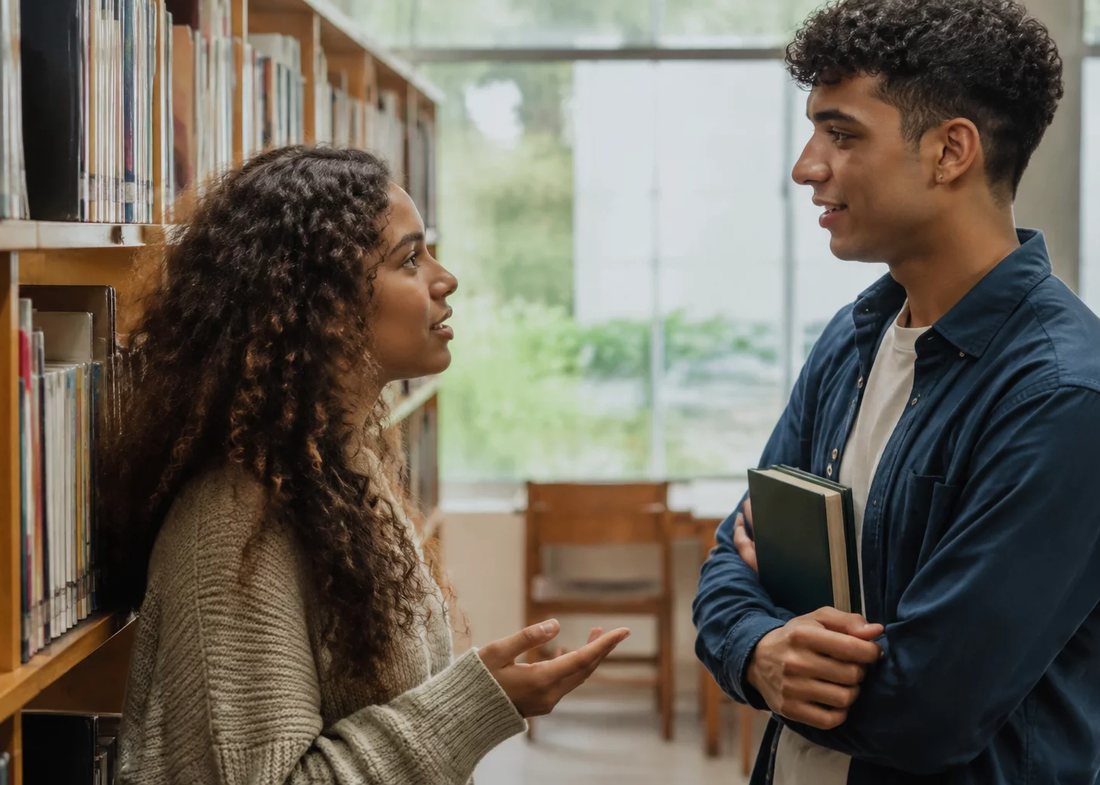 Participantes conversando em pé no corredor entre estantes de livros altas